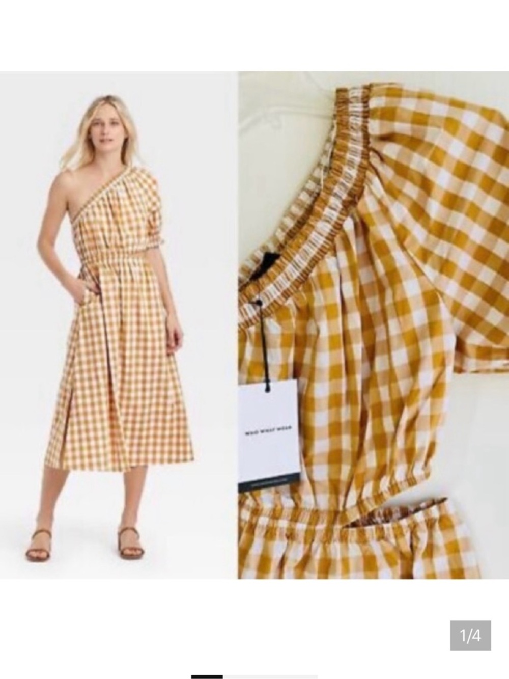 Who What Wear Mustard and White One-Shoulder Gingham Midi Dress